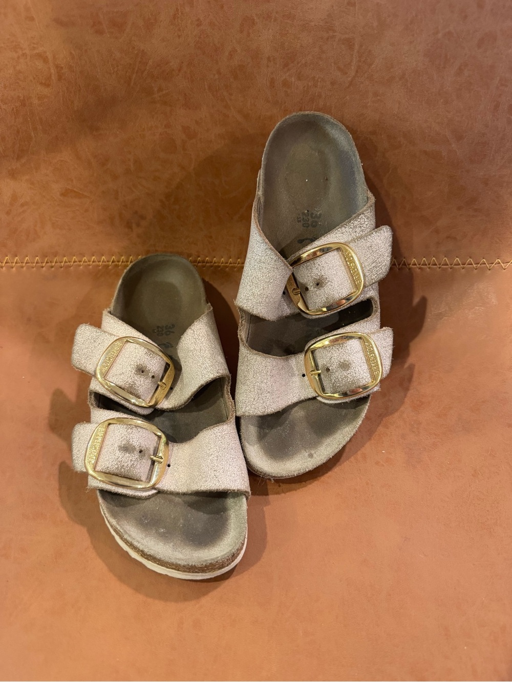 Birkenstock Two-Strap Sandals with Gold Big Buckles - Light Pink/Beige